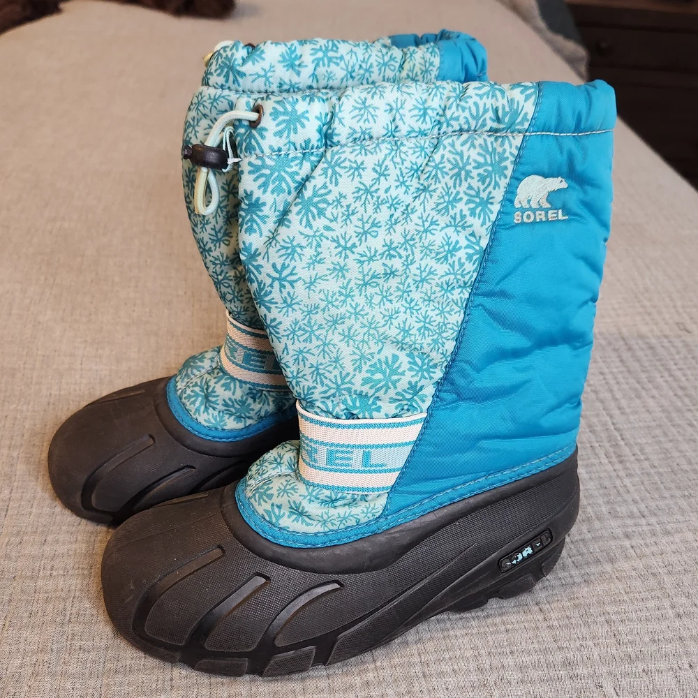 Sorel Winter Insulated Snow Boots Snowflake Teal Blue Black Womens Size 5